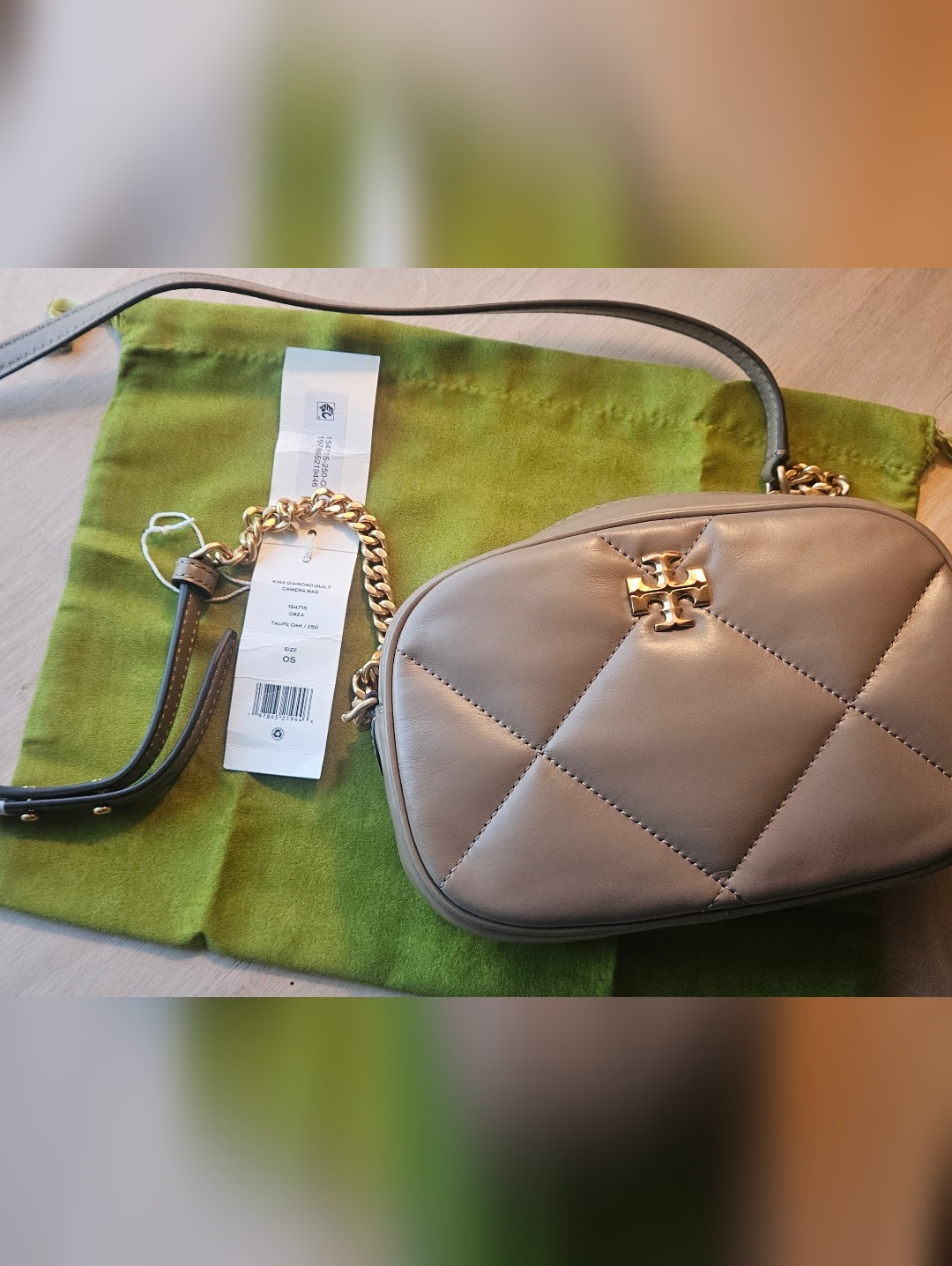 Tory Burch Kira Quilted Crossbody Bag In Taupe With Gold Hardware.